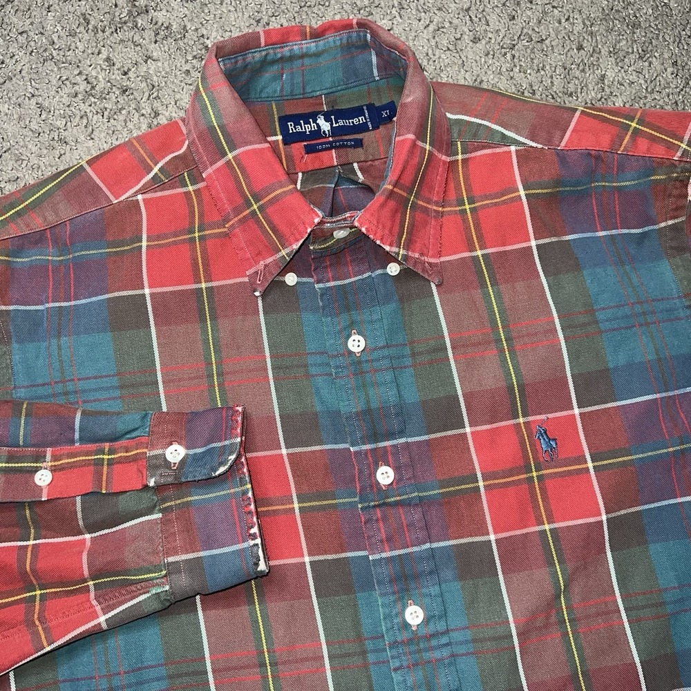 Ralph Lauren Shirt Mens XL Red Plaid Vintage Knit Pony Button Up Long Sleeve